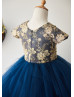 Cap Sleeves Gold Lace Navy Blue Tulle Tea Length Flower Girl Dress